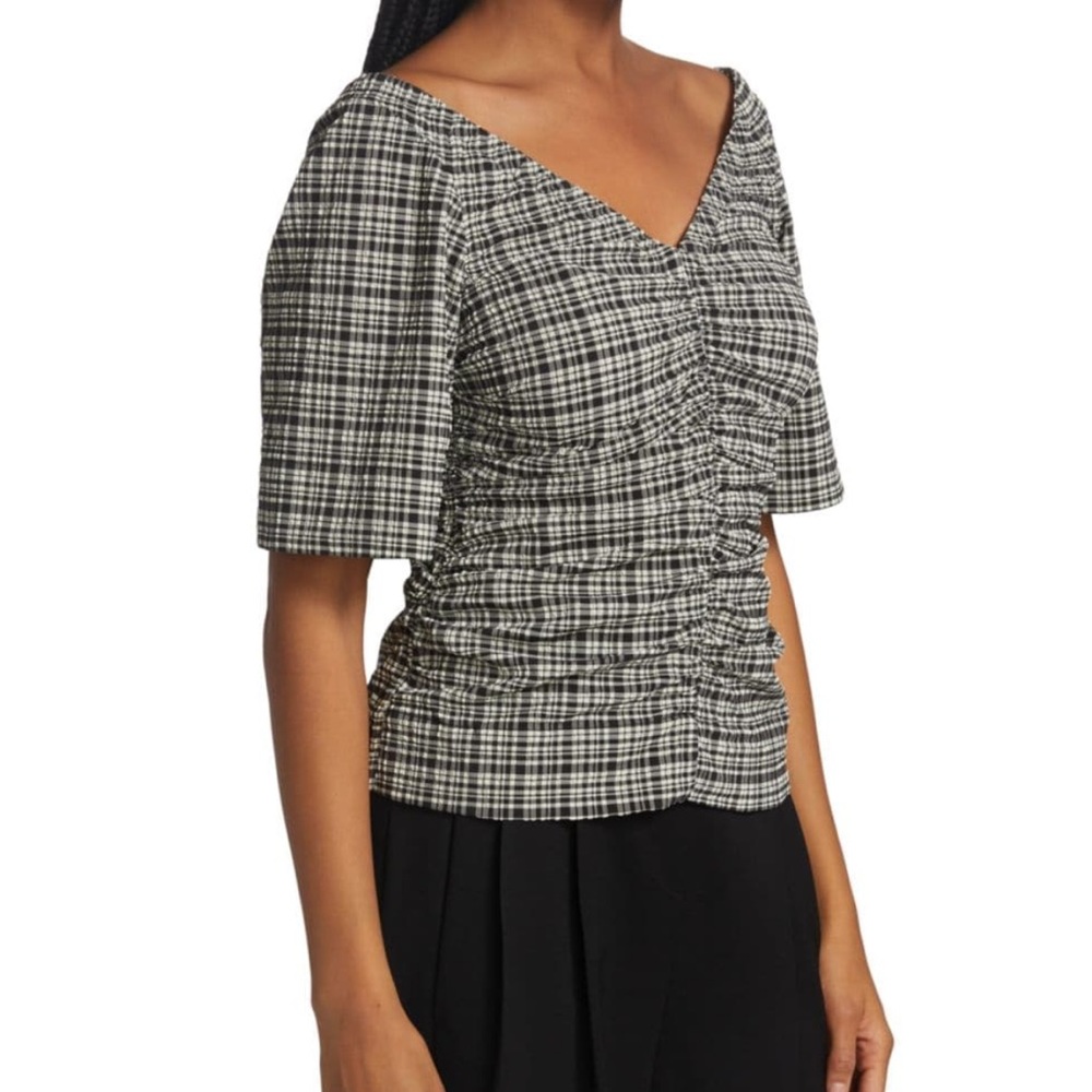 NEW Ganni Women's Ruched Gingham black and white Top size 2 or Small
